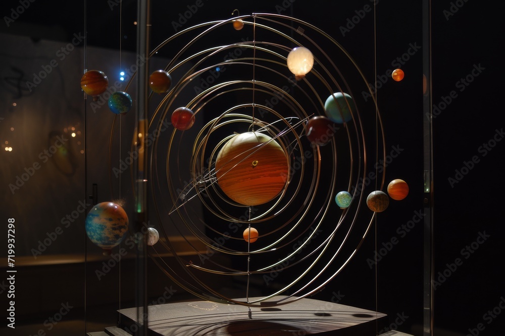 An interactive kinetic sculpture illustrating the movement of planets in a solar system model