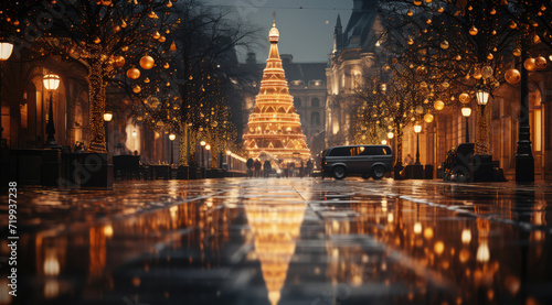 Christmas Tree and Lights at Night Street extreme closeup. Generative AI