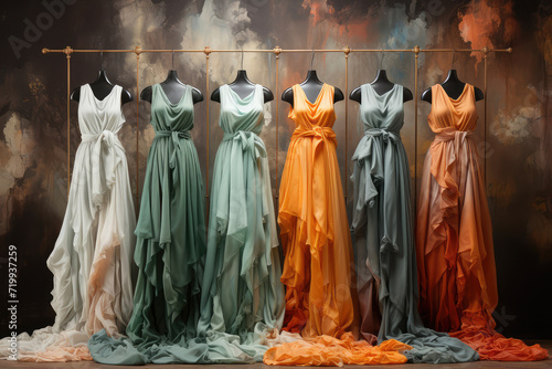 Row of Beautiful Luxury Colorful Dresses on Hangers in a Showroom extreme closeup. Generative AI. © doomu