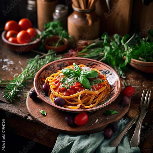 Spaghetti with tomato sauce  olives and parmesan cheese on the table a traditional Italian kitchen