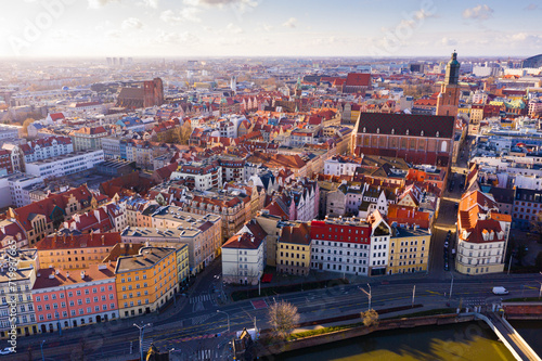 Aerial view on the city Wroclaw and Market square. Poland