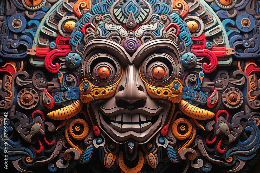 Ancient Psychedelia Mesoamerican Colorful Ritual Pattern extreme closeup. Generative AI Ancient Psychedelia Mesoamerican Colorful Ritual Pattern extreme closeup. Generative AI