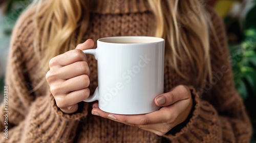 woman in white cozy sweater holding a white coffee mug for coffee mug mockup design with a blank space, Generative AI.