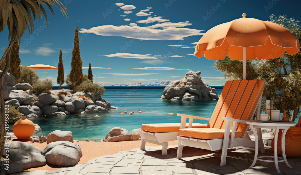 Obraz premium Modern Beach Chairs with Umbrella on a Sand Ocean Beach extreme closeup. Generative AI