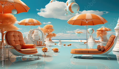 Modern Beach Chairs with Umbrella on a Sand Ocean Beach extreme closeup. Generative AI