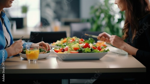 Two women sitting at a table eating a salad. Suitable for health and wellness themes