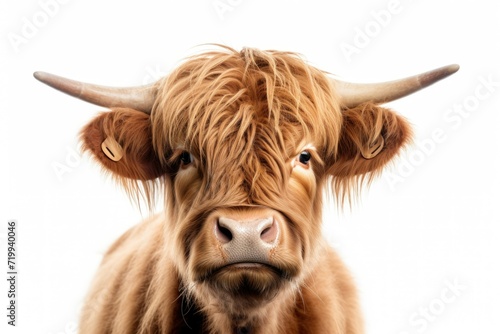 Close up of a cow's face against a white background. Perfect for agricultural, farming, or animal-themed designs
