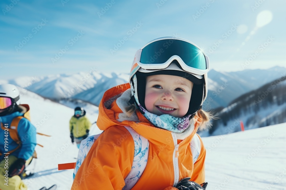 A young child wearing a helmet and goggles on a ski slope. Suitable for winter sports and outdoor activities