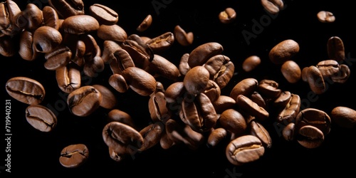 A pile of coffee beans on a black surface. Suitable for coffee shop promotions or food and beverage-related designs