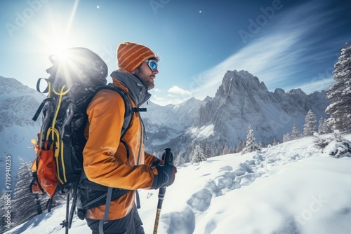 A man with a backpack and skis is pictured on a snowy mountain. This image can be used to depict winter sports and outdoor activities