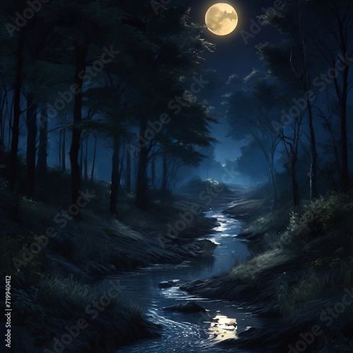 Dreamlike night forest and a river flowing through the forest in full moon