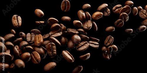 A pile of coffee beans on a black surface. Perfect for coffee lovers or coffee shop promotions