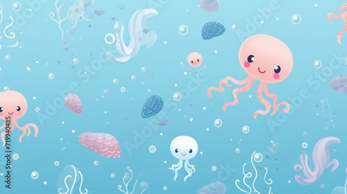 A captivating image of a group of octopuses and jellyfishs floating in the ocean. Perfect for marine life enthusiasts and educational materials