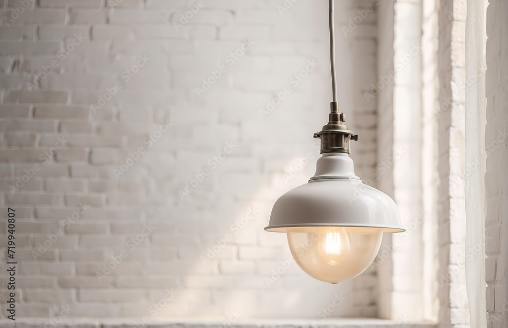 Obraz premium Hanging white lamp with shadow on vintage white painted brick wall