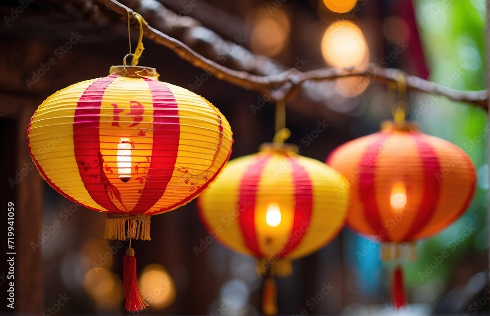 Hanging in home Yellow and red Chinese lanterns Hanging in home Yellow and red Chinese lanterns