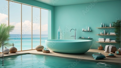 Luxurious Bathroom with Modern Oval Bathtub, Elegant Accessories, and Green Plants Overlooking Beautiful Ocean View