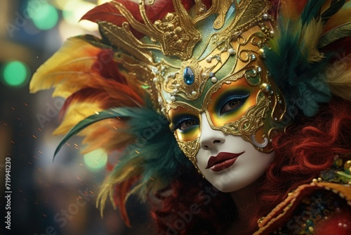 A close-up shot of a woman wearing a carnival mask. Perfect for events, parties, and masquerade themes