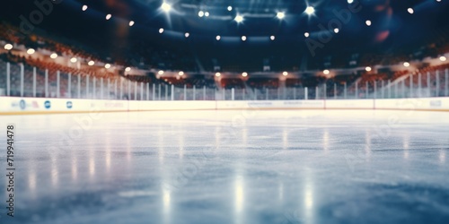 Ice hockey rink with lights in the background. Perfect for sports events and action shots. photo