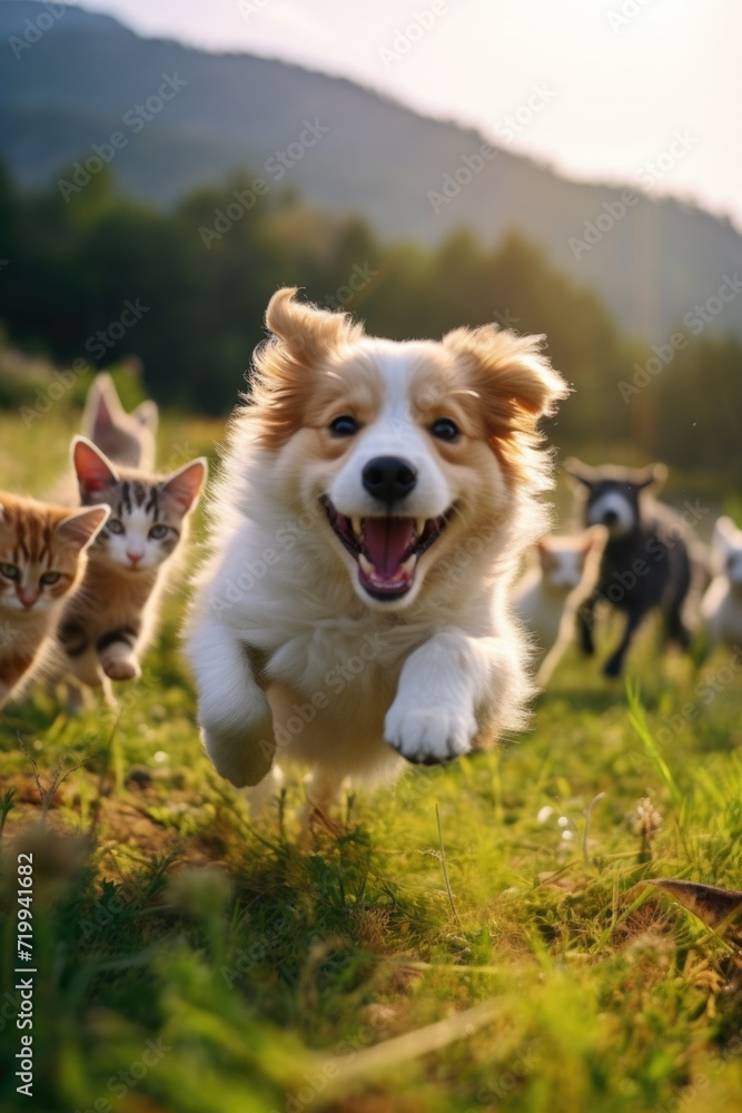 A dog is seen running in a field with a bunch of kittens. This image can be used to depict the bond between different species or to represent playfulness and friendship A dog is seen running in a field with a bunch of kittens. This image can be used to depict the bond between different species or to represent playfulness and friendship