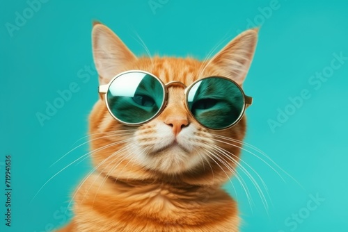 Playful orange cat wearing stylish sunglasses against a vibrant blue background. Perfect for adding a touch of fun and personality to any project