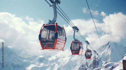 Two red gondolas are suspended from the side of a mountain covered in snow. This image can be used to depict winter sports, mountain adventures, or scenic landscapes