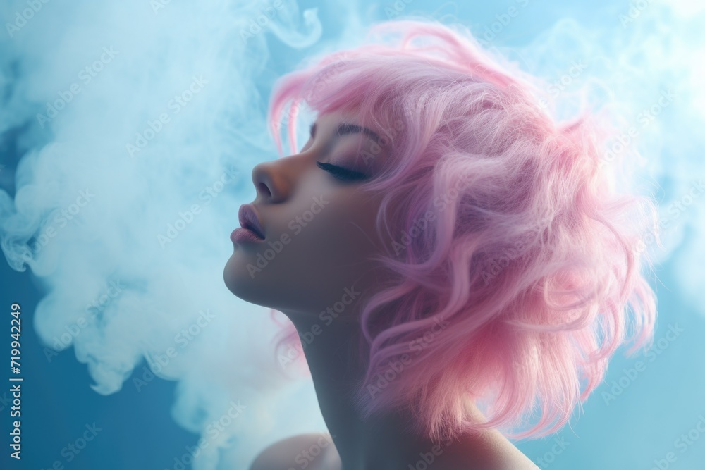 A woman with pink hair smoking a cigarette. Can be used to depict a rebellious or alternative lifestyle