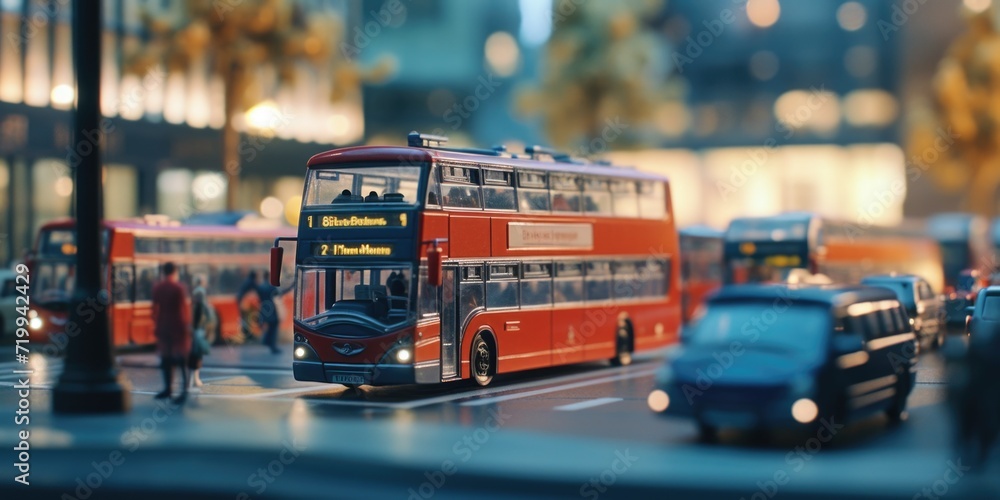 A red double decker bus driving down a street. Suitable for transportation and cityscape themes - obrazy, fototapety, plakaty 