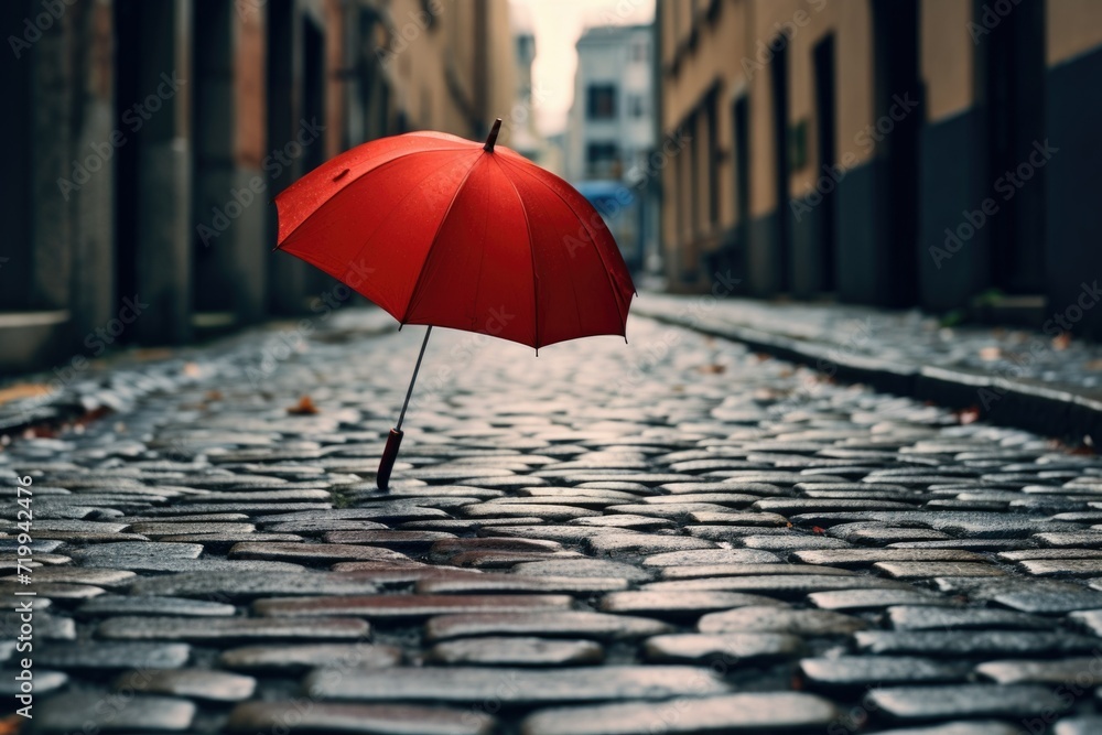 A red umbrella placed on a cobblestone street. Perfect for adding a pop of color to any urban scene.