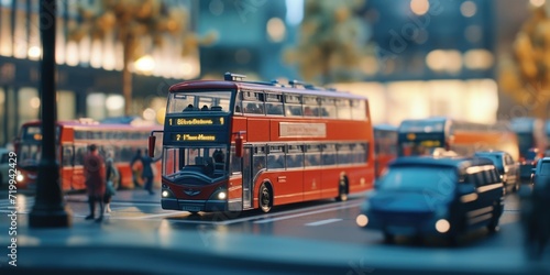 A red double decker bus driving down a street. Suitable for transportation and cityscape themes photo