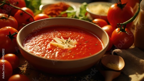 A bowl of tomato soup with an arrangement of fresh tomatoes. Perfect for food blogs, restaurant menus, and healthy eating articles