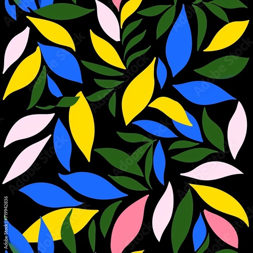 green, pink, yellow and blue bold color leaves on black background