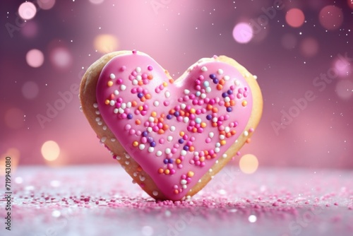 A delicious pink heart shaped doughnut with colorful sprinkles. Perfect for celebrating love or indulging in a sweet treat. Great for Valentine's Day, birthdays, or any special occasion
