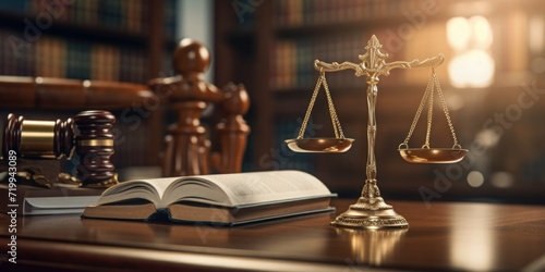 A wooden table with a book and a scale of justice. Perfect for legal concepts and law-related designs