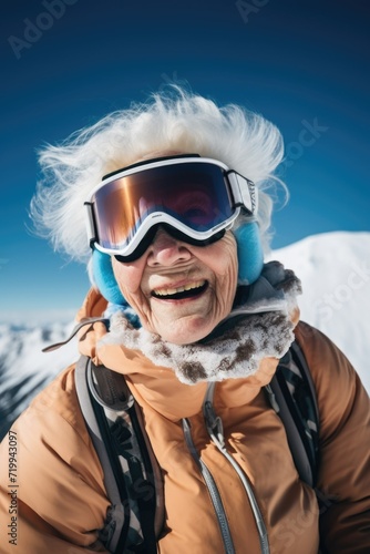 A picture of an older woman wearing ski goggles while on a mountain. This image can be used to depict an active lifestyle and the enjoyment of outdoor activities