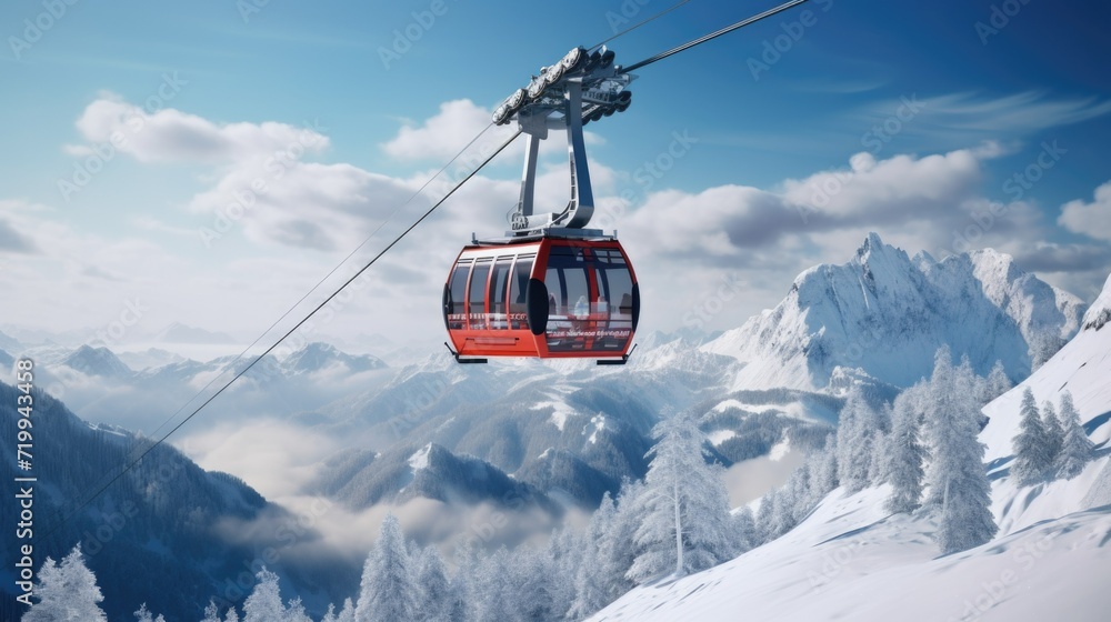 A gondola glides over a majestic snowy mountain range. Perfect for travel and adventure-themed designs A gondola glides over a majestic snowy mountain range. Perfect for travel and adventure-themed designs