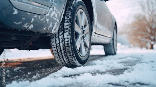 A close up view of a car tire on a snowy road. This image can be used to depict winter driving conditions or as a symbol of travel and adventure in cold weather