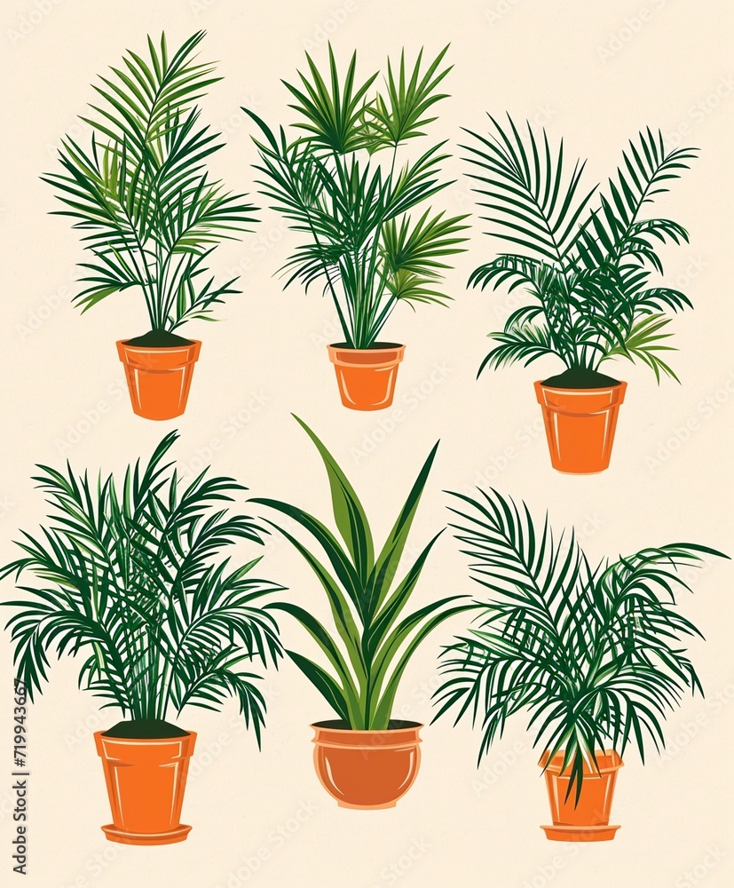 Illustration of five different types of potted plants illustrated