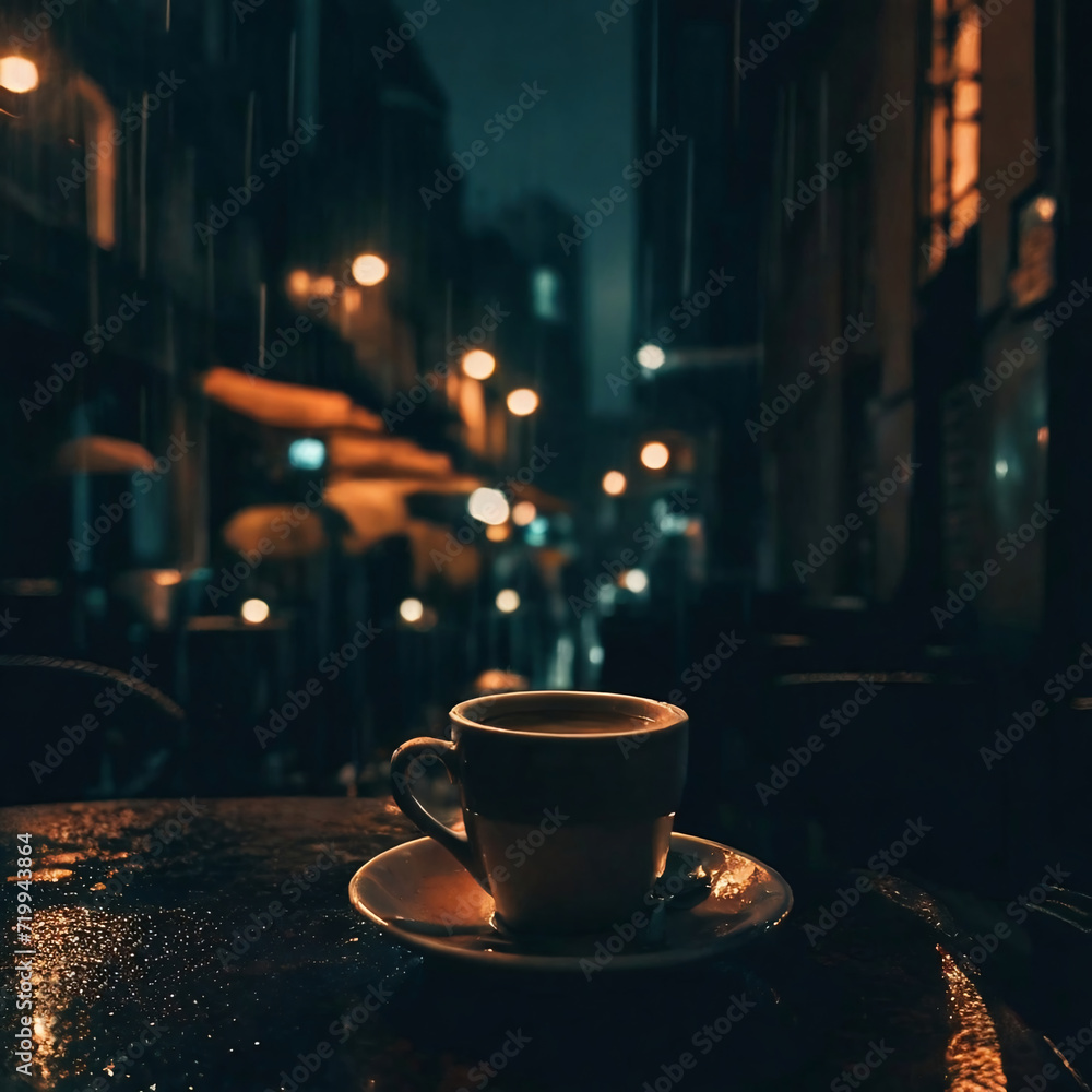 Coffee cup on the table top in cafe at night with rain. View a rainy city with blurred lights and houses.