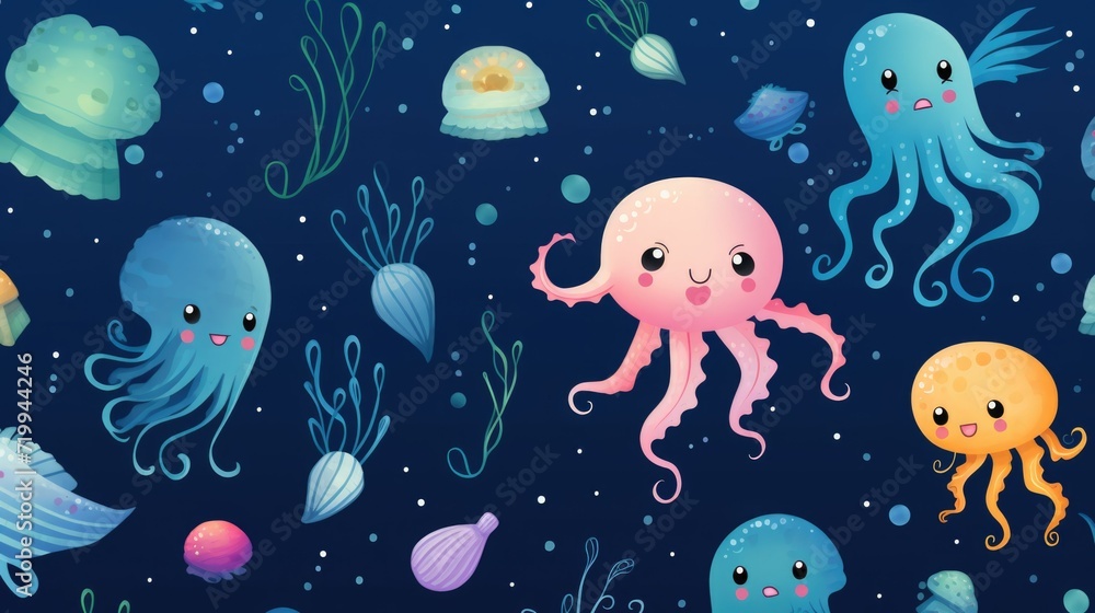A group of jellyfish swimming in the ocean. Can be used to illustrate marine life and underwater ecosystems A group of jellyfish swimming in the ocean. Can be used to illustrate marine life and underwater ecosystems