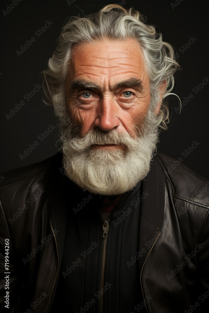 A man with a long white beard wearing a leather jacket. Suitable for various uses A man with a long white beard wearing a leather jacket. Suitable for various uses