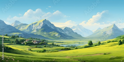 A painting of a green valley with majestic mountains in the background. Perfect for nature lovers and landscape enthusiasts