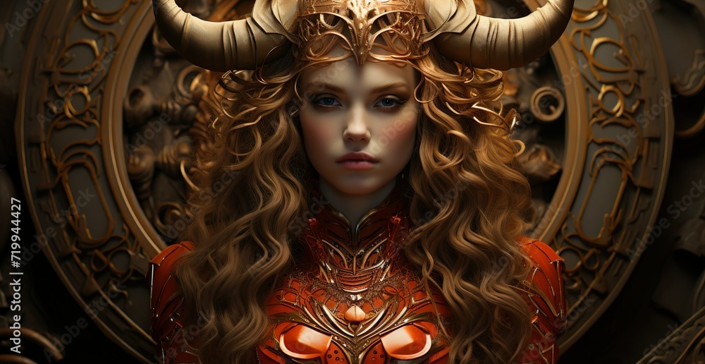 Majestic Portrait of Red-Haired Woman with Ram Heads Majestic Portrait of Red-Haired Woman with Ram Heads