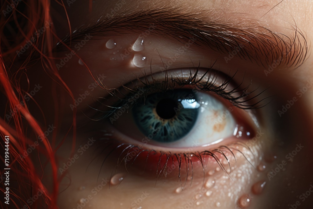 Fototapeta premium A close-up view of a person's eye with small water droplets on the surface. This image captures the beauty and intricacy of the eye, highlighting the glistening droplets.
