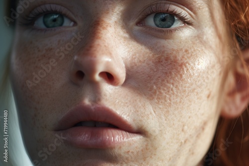 A detailed view of a woman's face showing her unique freckles. This image can be used for beauty and skincare concepts