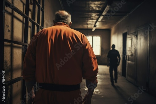 A man wearing an orange prison uniform is seen walking down a hallway. This image can be used to depict incarceration, criminal justice, or prison life
