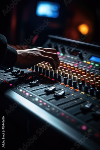 A person using a sound mixer in a recording studio. Ideal for projects related to music production and audio engineering