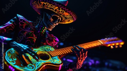 A skeleton playing a guitar in a dark setting. This image can be used for Halloween-themed designs or music-related projects