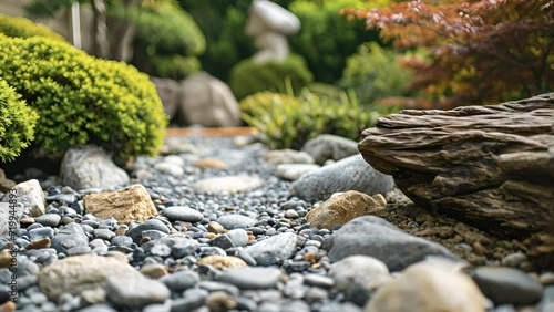 A Zen garden featuring a variety of textures including smooth stones and rough bark. photo