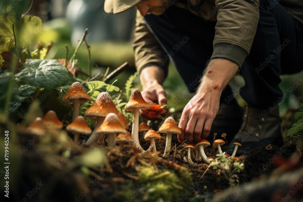 A man is seen picking mushrooms from the ground. This image can be used to depict foraging, nature, or food-related themes A man is seen picking mushrooms from the ground. This image can be used to depict foraging, nature, or food-related themes