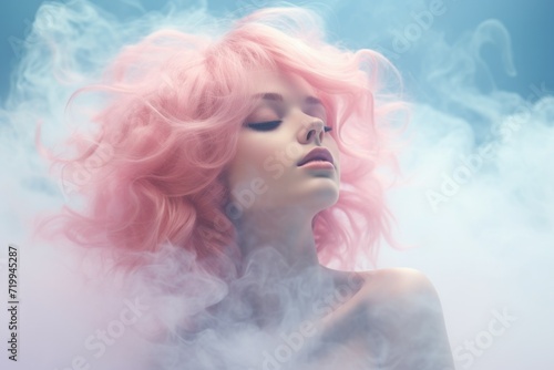 A woman with vibrant pink hair surrounded by a cloud of smoke. This image can be used to create a mysterious and edgy atmosphere